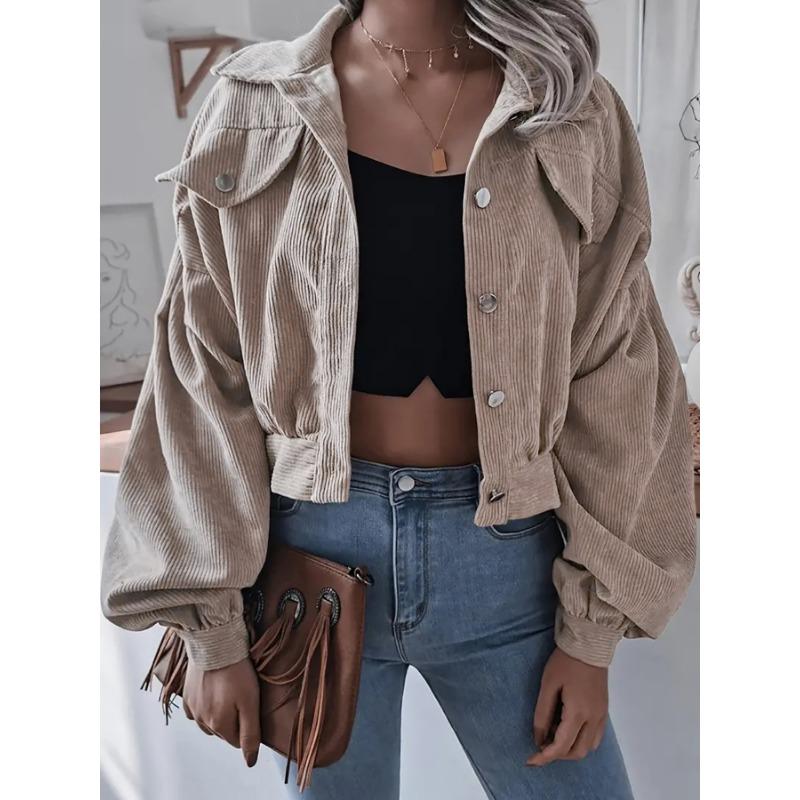 Women Loose Lantern Long Sleeve Corduroy Casual Short Jacket Outerwear