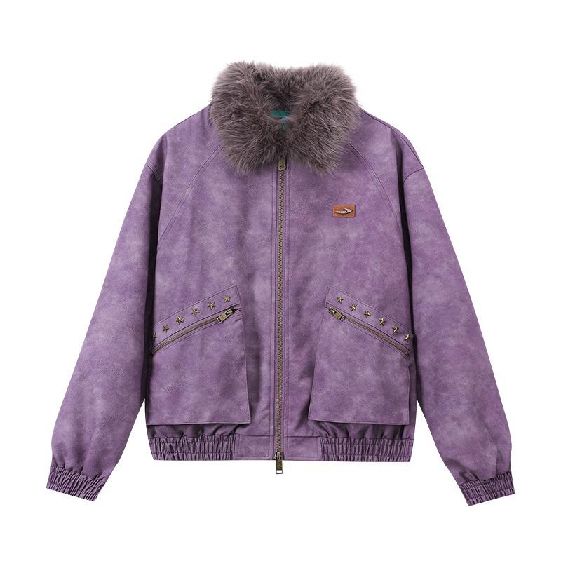 

Unisex Retro PU Leather Jacket with Detachable Fur Collar - High-End Casual Outerwear for Autumn/Winter 2XL фіолетовий