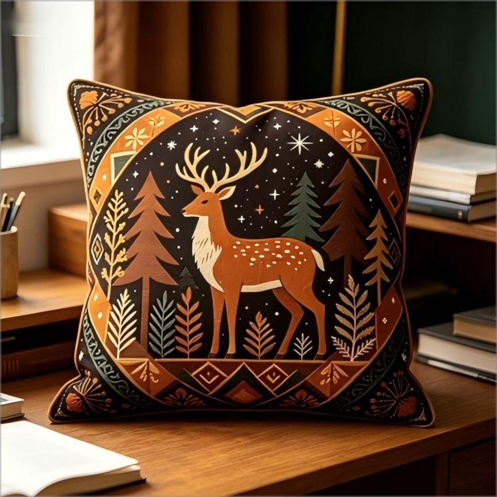 Doppelseitige Kissenhülle Premium Karamellbrauner Stoff Stilvolles Rentier-Tannenbaum-Design Für Sofa Heimdekoration
