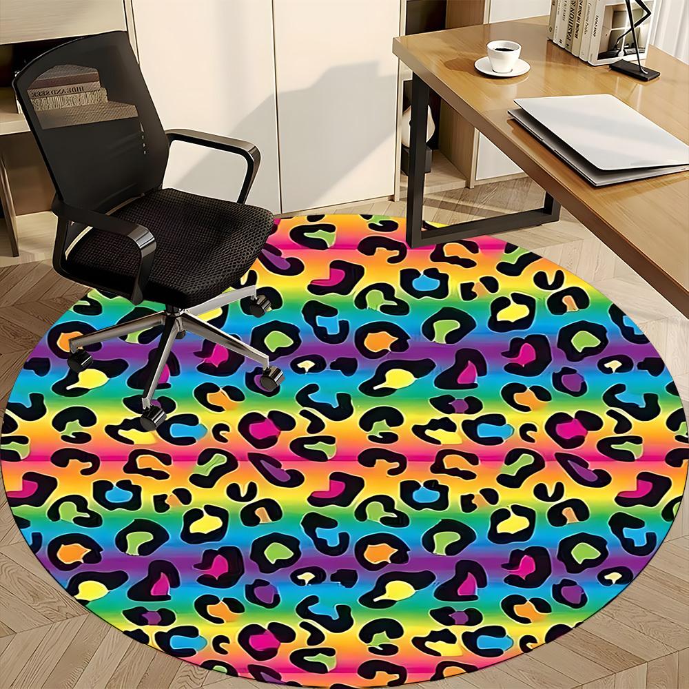 1pc Rainbow Leopard Print Chair Carpet for Office, Round Polyester Mat, Indoor Decor for Office, Easycare Fabric, Washable Non-slip Area Carpet