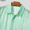 INCERUN Men Lapel Neck Long Sleeve Hollow Out Fishnet Mesh Sheer Beach Shirts Tops 