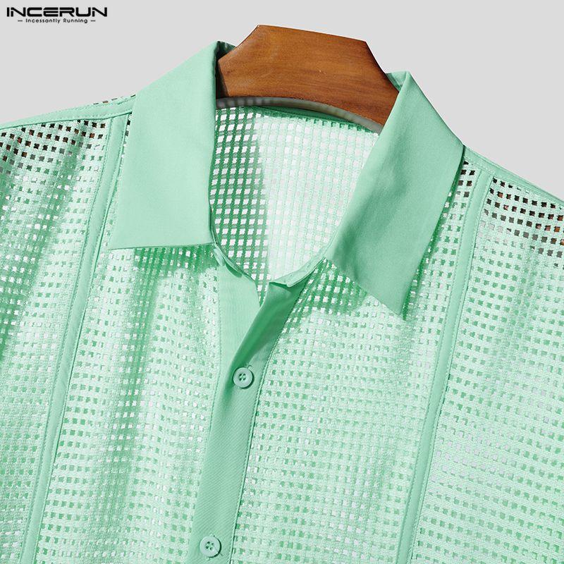 INCERUN Men Lapel Neck Long Sleeve Hollow Out Fishnet Mesh Sheer Beach Shirts Tops 
