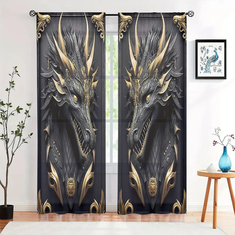2 Pieces, Black Gold 3D Majestic Dragon Totem Curtains - Semi Blackout - Suitable for Living Room, Bedroom, Kitchen, Home Decora