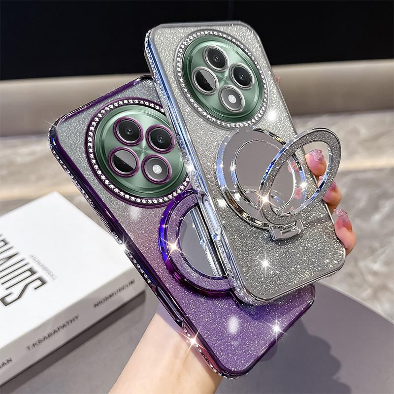 KEYSION Luxury Glitter Jewelled Magnetic Phone Case for OPPO Reno12 F 5G Makeup Mirror Stand Shockproof Cover for OPPO Reno 12F