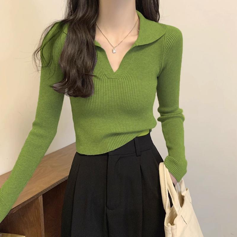 Dámský krátký pletený svetr s polokošilí v korejském stylu na podzim 2025 - Design slim fit