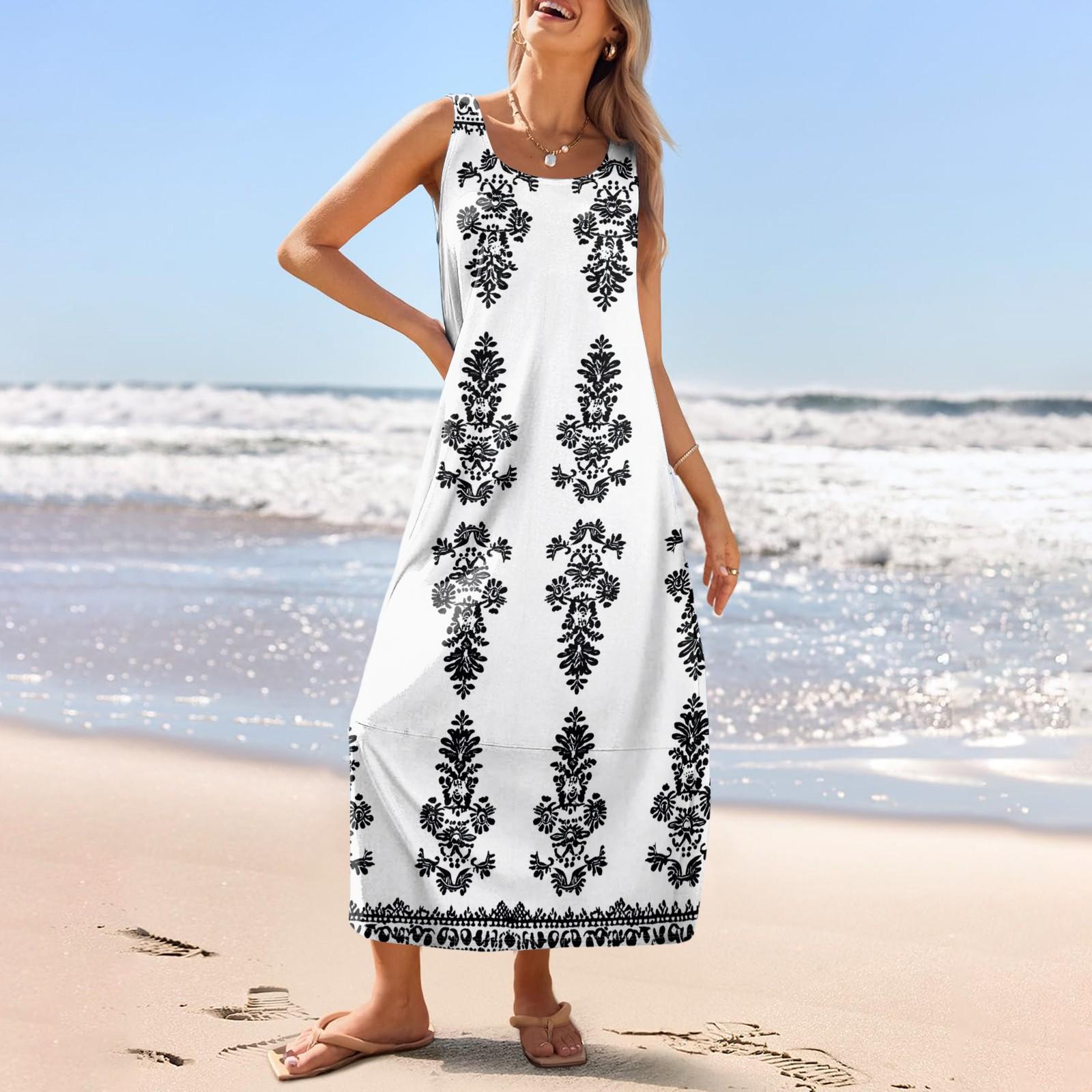 

Женский повседневный длинный сарафан, летнее пляжное платье с принтом, свободный сарафан без рукавов с круглым вырезом XL белый
