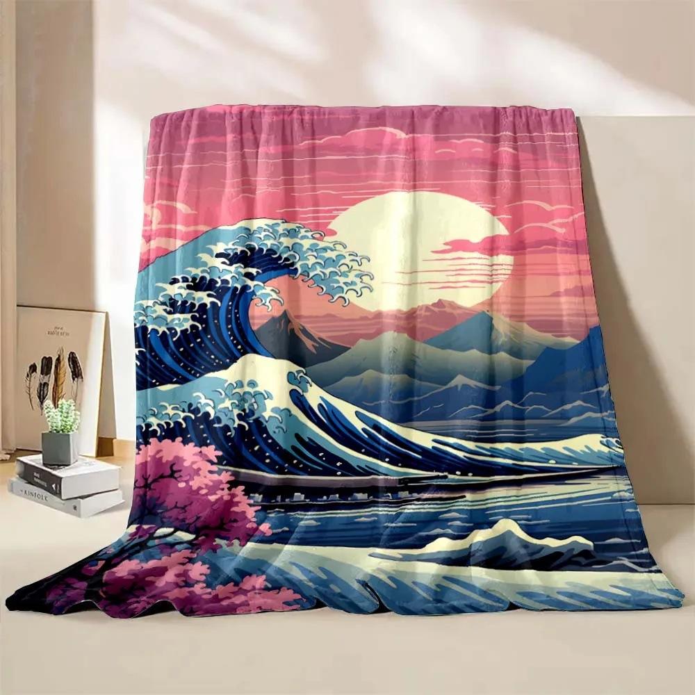 Wave-inspired Ukiyo-e paintings digital-printed polyester velvet flannel cover blanket Fleece soft sofa cover blankets for beds