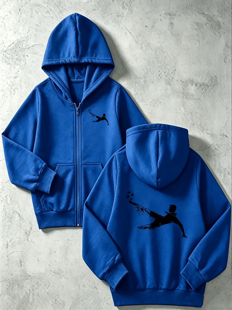 Kids Soccer Player Silhouette Print Zip Up Hoodie Loose Long Sleeve Hooded Jacket Sports Casual Outerwear For Boys Girls