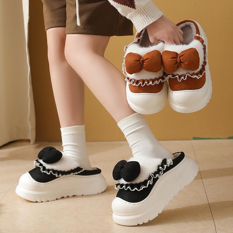 Sweet Wind 2025 New Bow Cotton Slippers Winter Cute Home Baotou Cotton Shoes Household