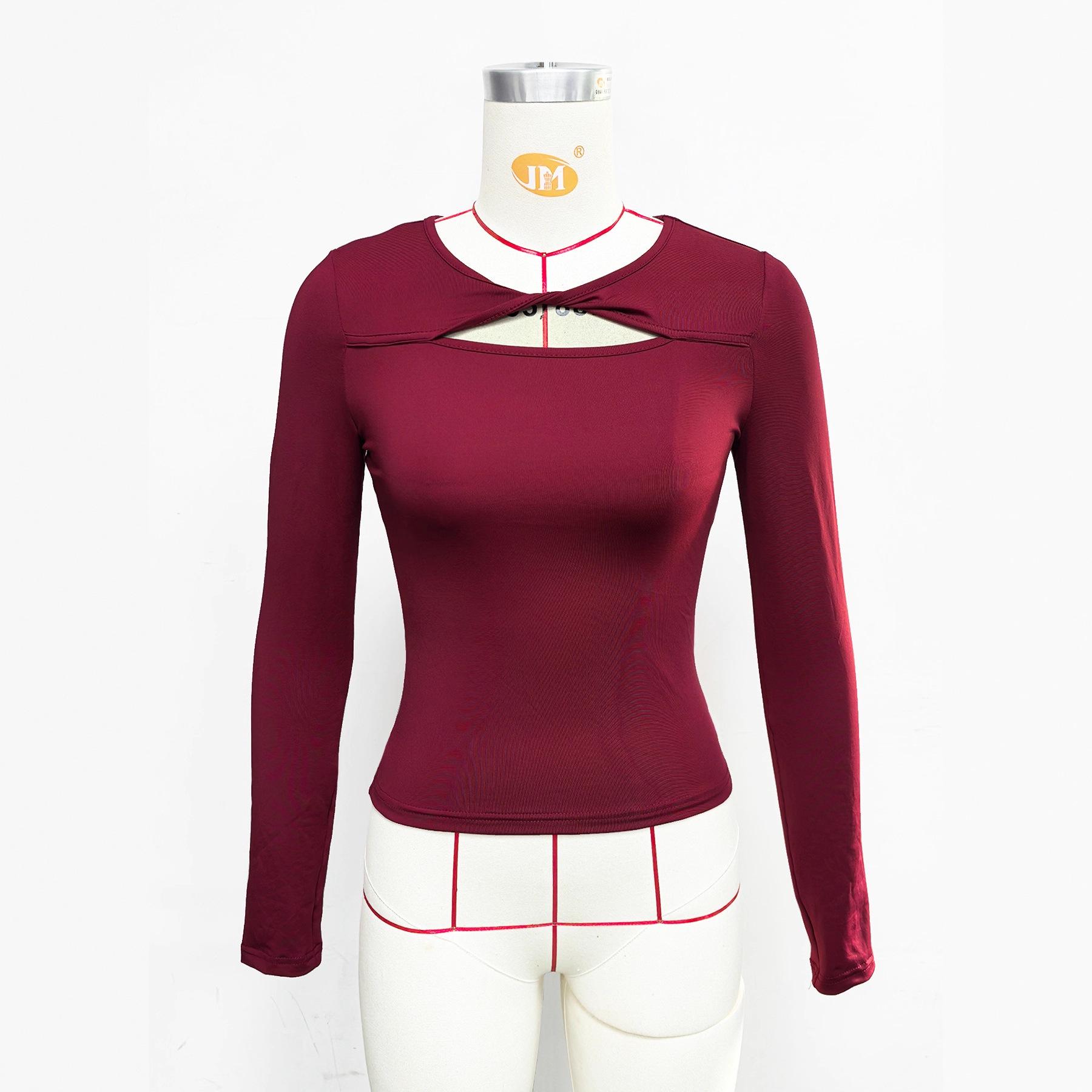 

2025 Sexy Twisted Hollow-Out Slim Fit Long Sleeve T-Shirt for Women - New Autumn/Winter Collection Extra Large бордовий