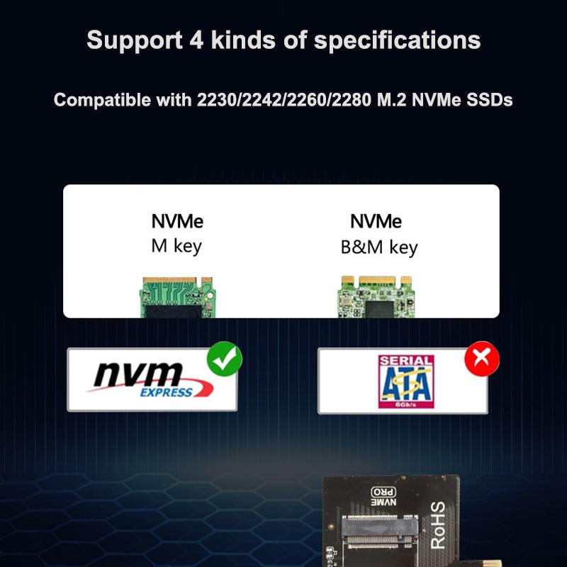M.2 NVME SSD to PCIe 4.0 Adapter Card 64Gbps M-Key PCIe4.0 X1 X4 For Desktop PC PCI-E GEN4 Full Speed