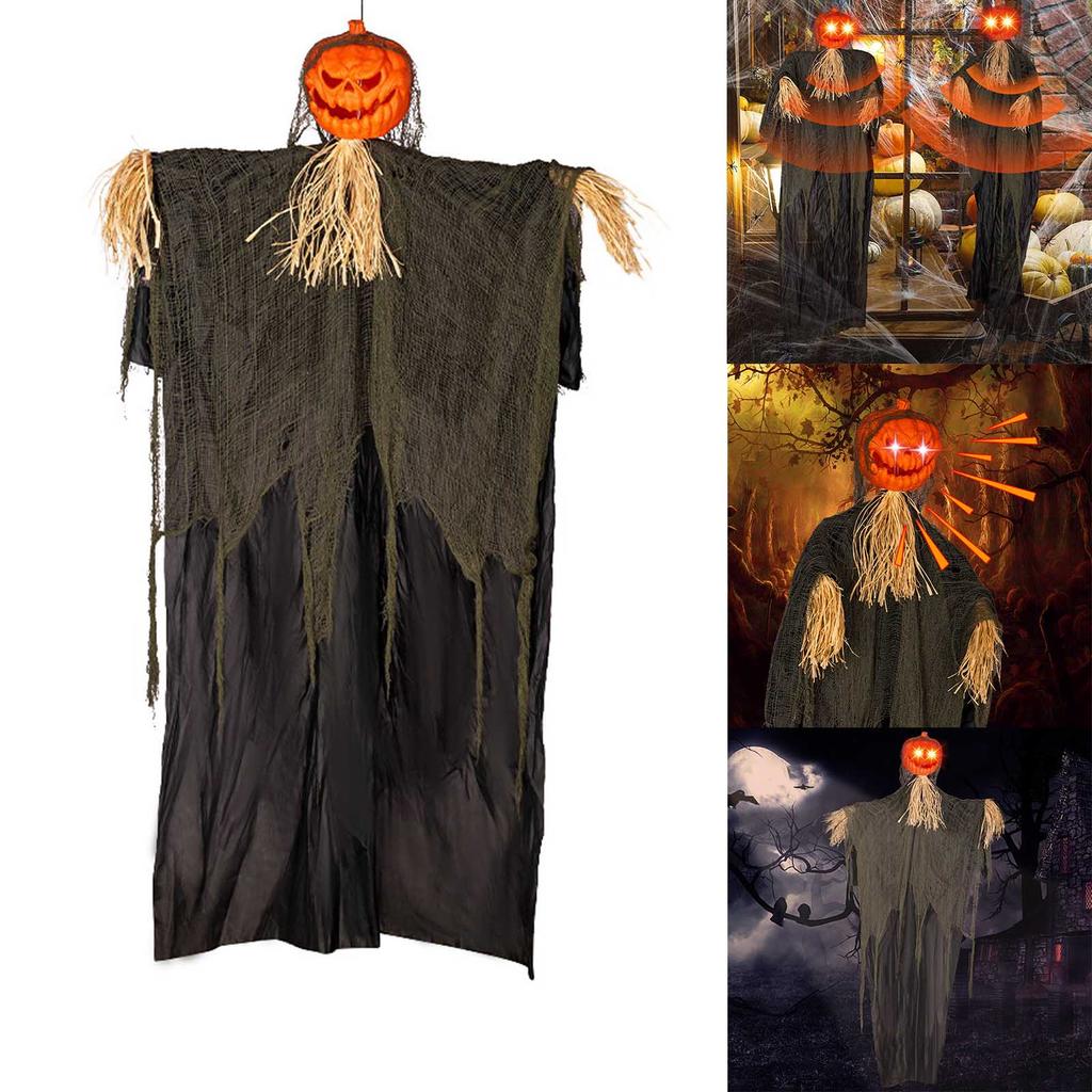 Horror Pumpkin Skull Hanging Ghost Decoration with Voice Control and Eerie Red Eyes Enhance the Spooky Atmosphere of Your Halloween Party