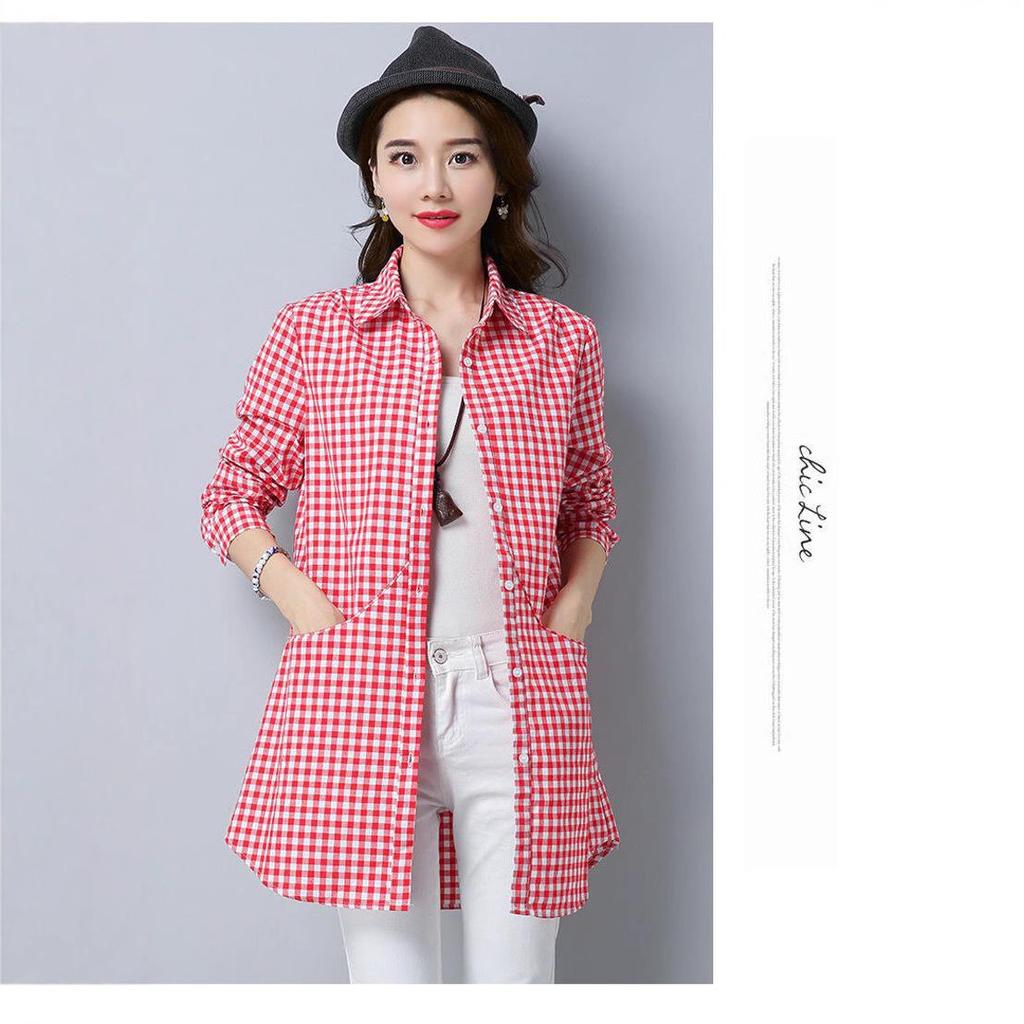 2024 Women's Korean Style Plaid Cotton Long Sleeve Loose Casual Shirt - Plus Size, Mid-Length