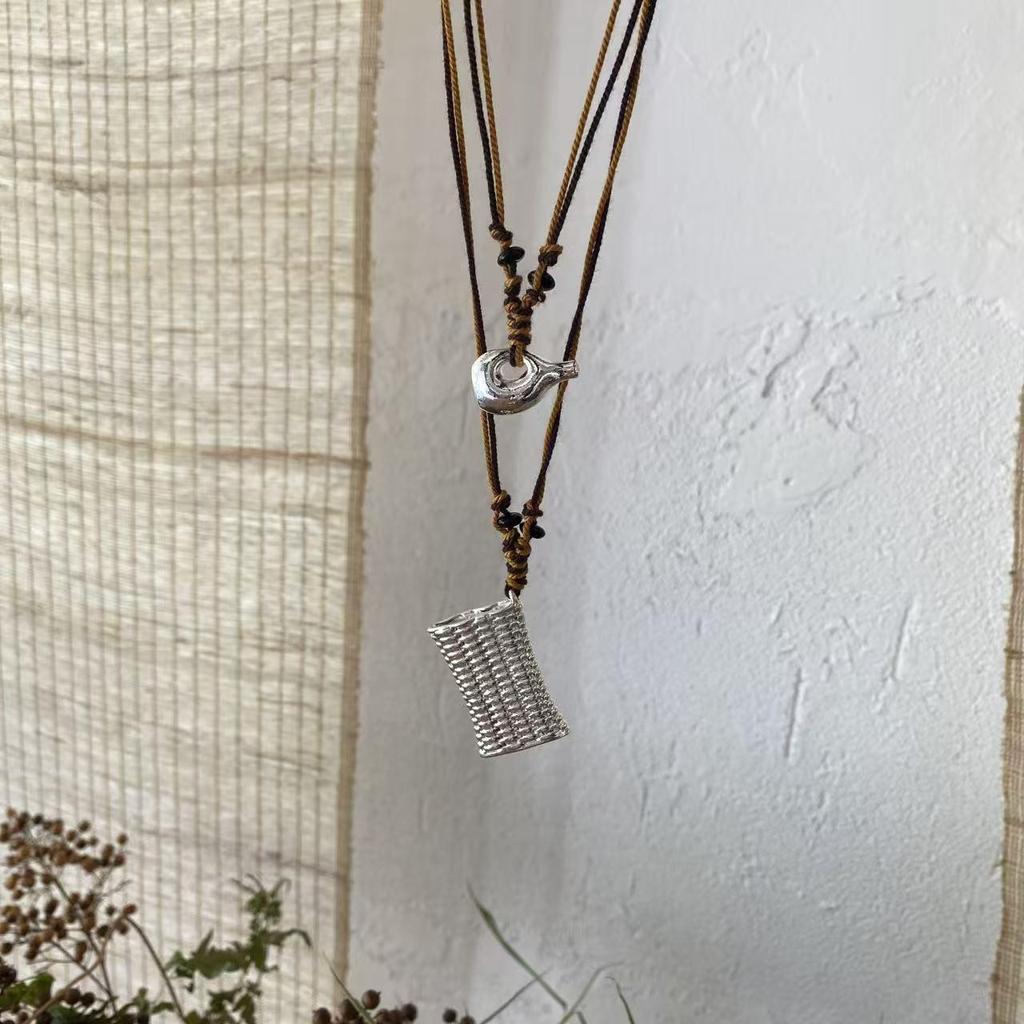 Handmade Woven Wine Pot Basket Pendant Necklace - Women's Fashion Long Sweater Chain Accessory