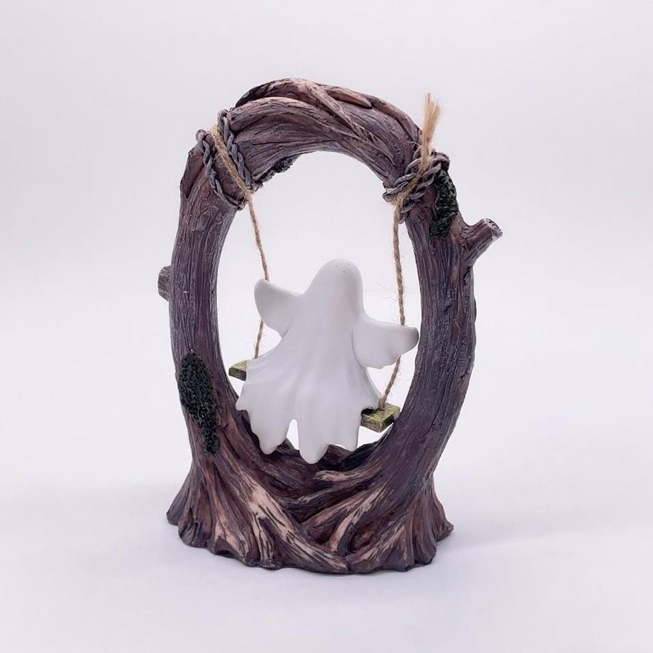 Cute Spooky Halloween Decor Ghost on a Tree Swing Ghost Figurine Ornament for Indoor Outdoor Porch Desktop Bookshelf Decorations