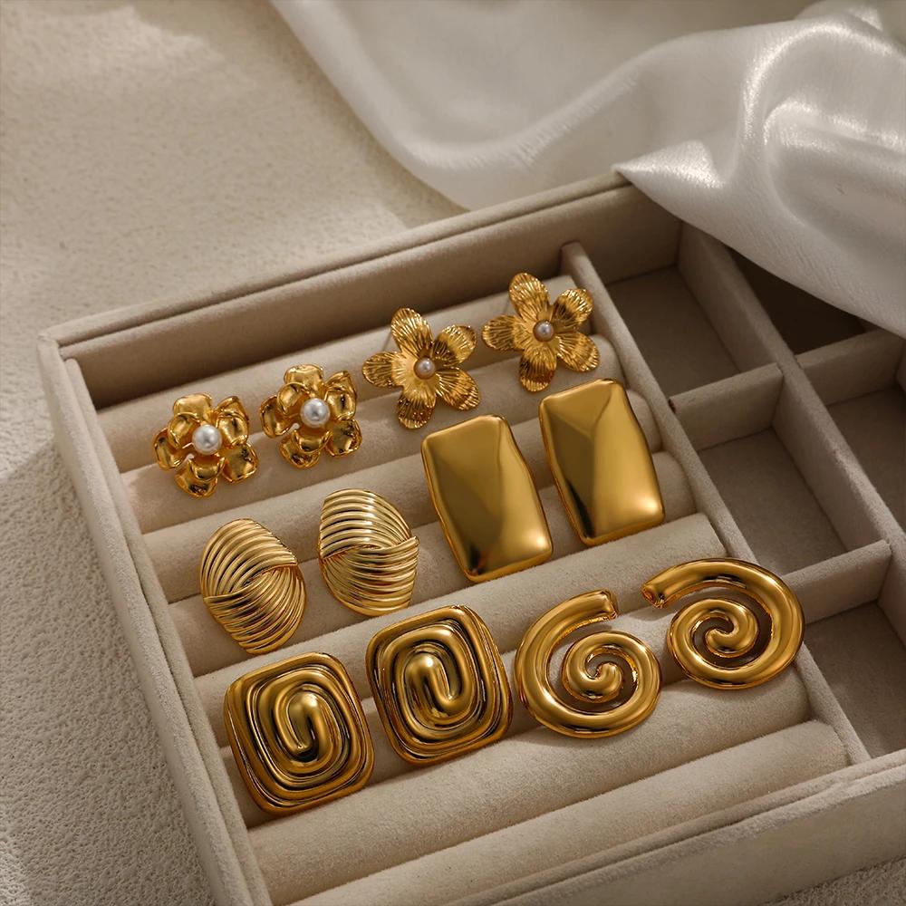 Geometric Stainless Steel Chunky Twist Metal Earrings Trendy Pearl Flower Stud Earring Everyday Statement Jewelry for Her
