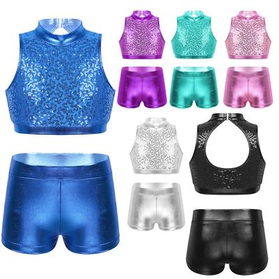 Kids Girls Sequins Dance Set Cutout Back Crop Top Tanks with Metallic Bottoms Gymnastics Workout Costume