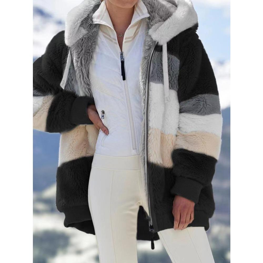 Damen Mehrfarbiger Flauschiger Kapuzenmantel, Lockere Warme Plüschjacke für Herbst Winter