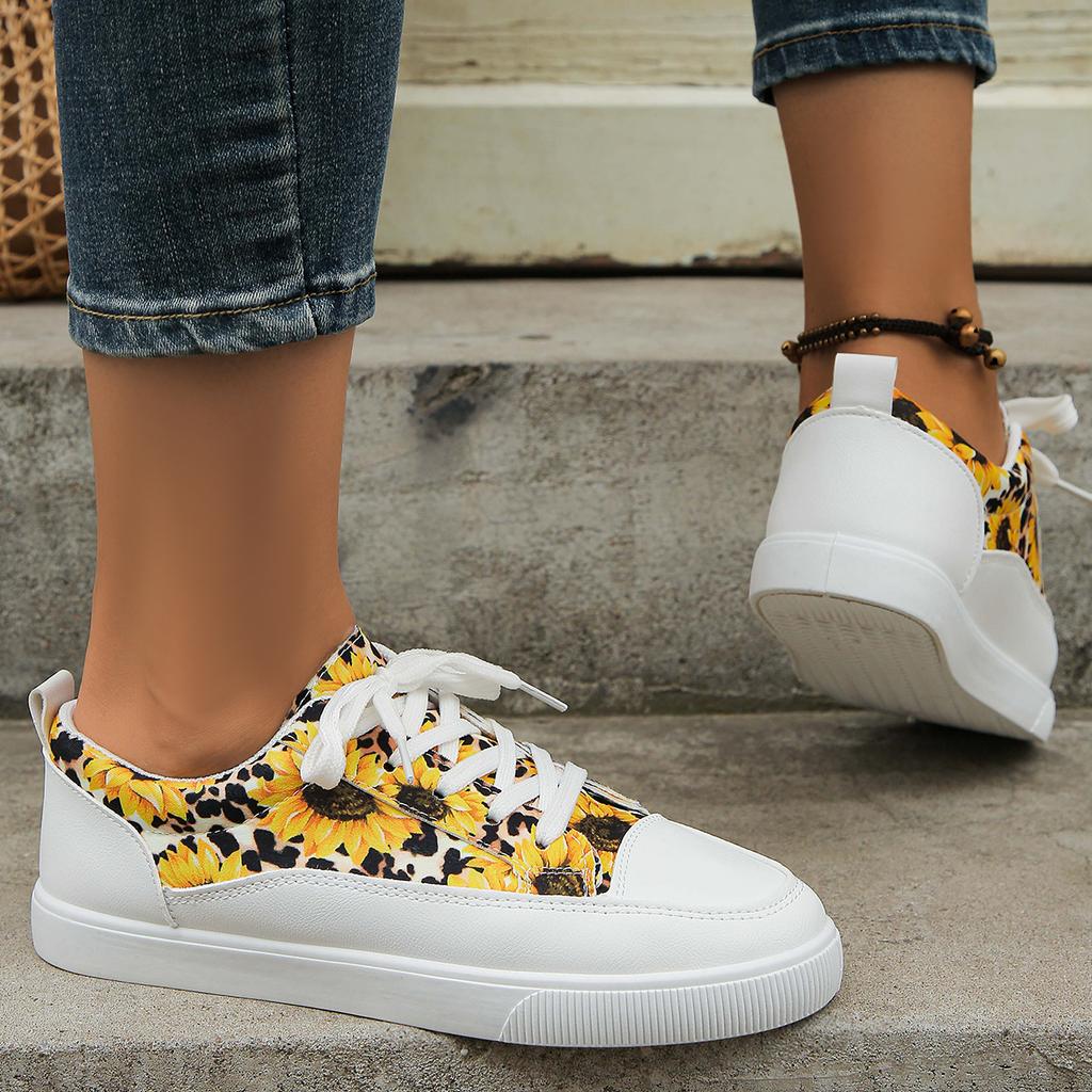 Women Sneakers Sunflower Pattern Lace Up Flat Sneakers Women Casual Breathable Canvas Shoes for Women Zapatos De Mujer