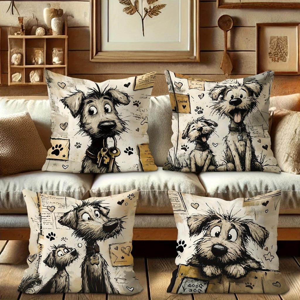 1/4pcs Cute Dog Illustrations Printed Pillowcases Sofa Cushion Cover Home Bedroom Room Decoration
