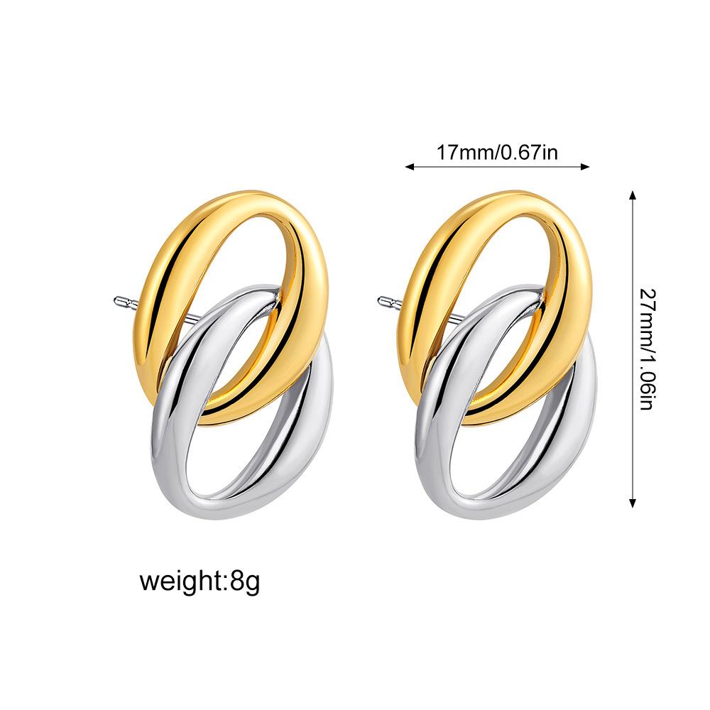 18K Gold and Silver Two-Color Electroplating Cross Double Ring Oval Geometric Stud Earrings Atmospheric Premium Sense Earrings