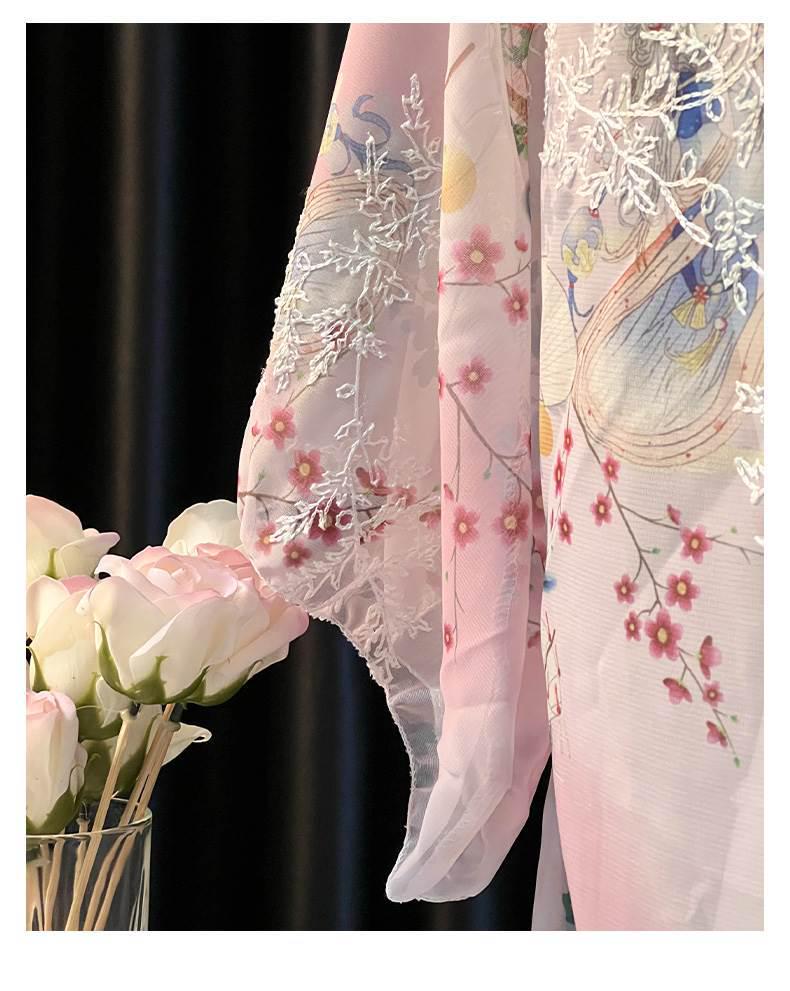 Elegant Japanese Chiffon Kimono Nightgown with Bow Embroidery