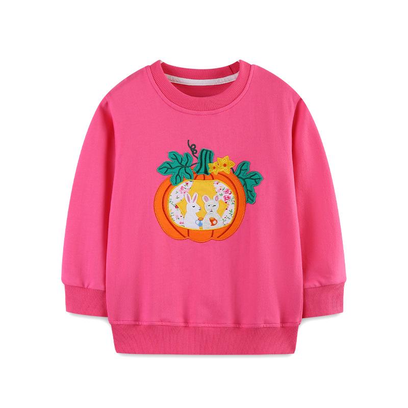 European-Style Halloween Embroidered Girls Knit Cotton Hoodie - Autumn Long Sleeve Round Neck Top 5Y