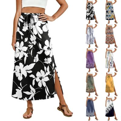 Women Elastic Waist Drawstring Midi Skirt with Pockets Printed Casual Straight Hem Side Slit Lightweight Skirt for Daily Wear