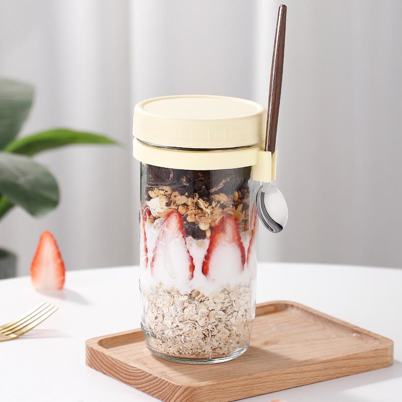 Overnight Oat Cup Transparent Glass Mason Cup Simple Portable Cereal Cup with Spoon Lid Yogurt Graduated Cup