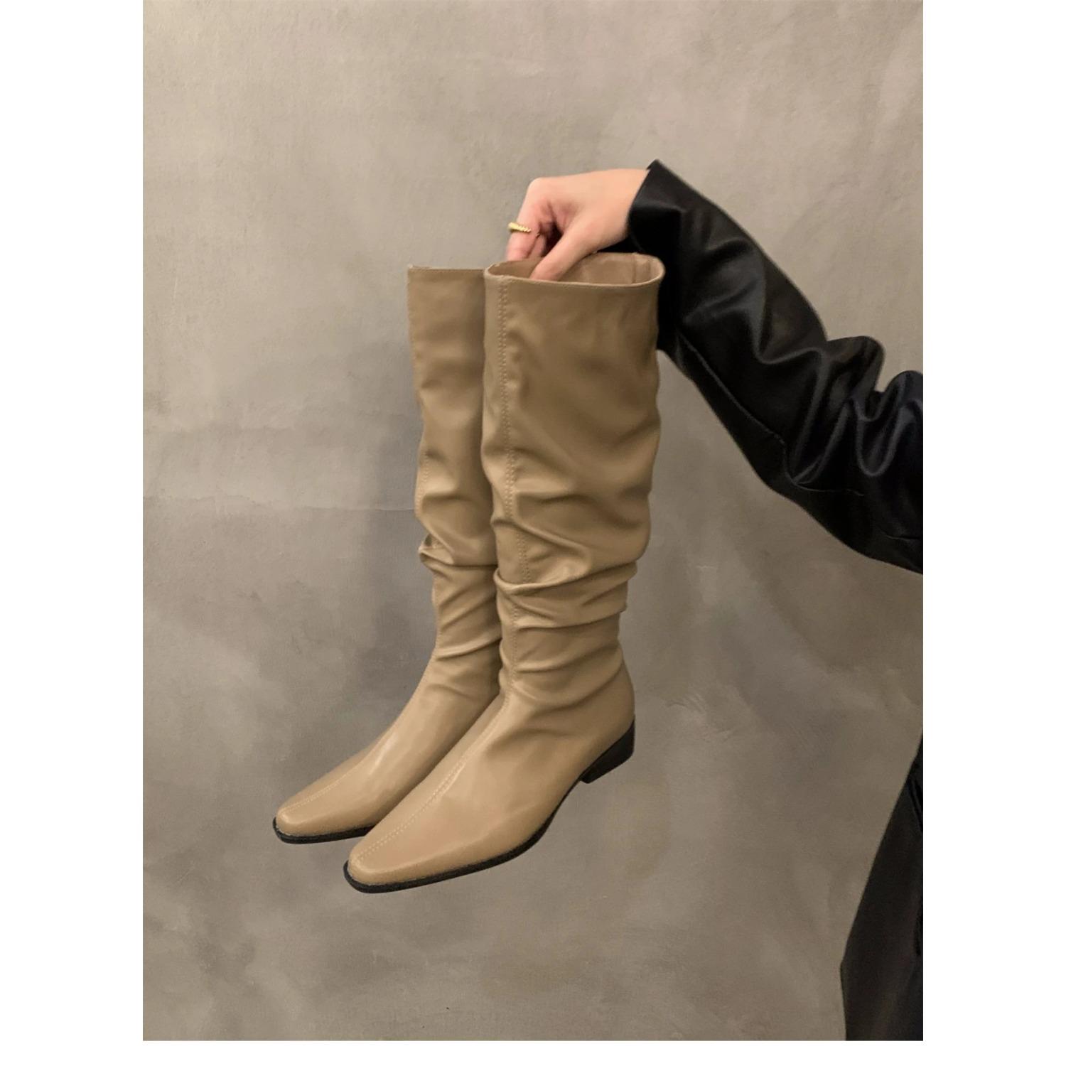 

Женские сапоги до колена, осенне-зимняя женская обувь, модные женские сапоги без застежек, с закругленным носком, на низком каблуке, с плоским носком, длинные сапоги Botas De Mujer 39