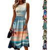 Sleeveless Casual Midi Dress Women Round Neck Summer Dress Printed A-Line Fit and Flare Beach Dress Lightweight Comfortable Fabric