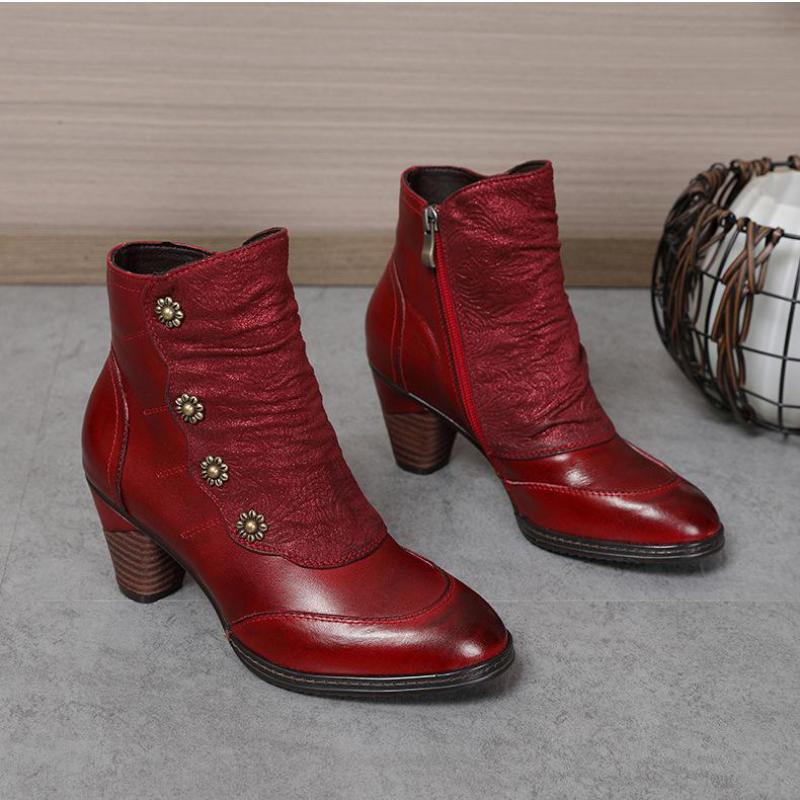 Johnature Patchwork Shoes Women Boots Genuine Leather Cloth Winter Retro Handmade Concise Round Toe Platform Boots