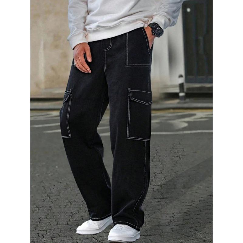 Men s All Match Relaxed Fit Elastic Waist Wide Leg Jeans S чёрный