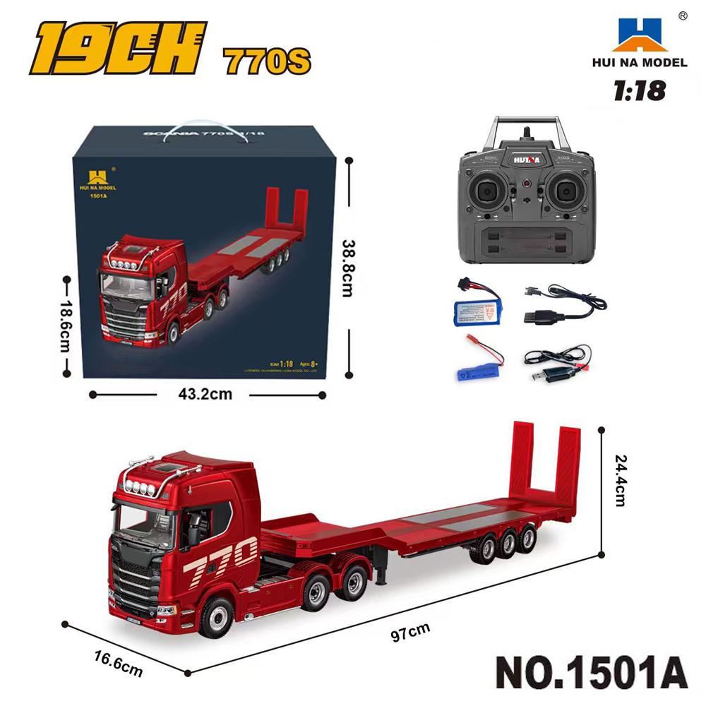 HUINA 1/18 19CH RC Truck 1501 770S Scania Alloy Tractor 2.4G Remote Control Engineering Trailer Truck with Light and Sound Toys