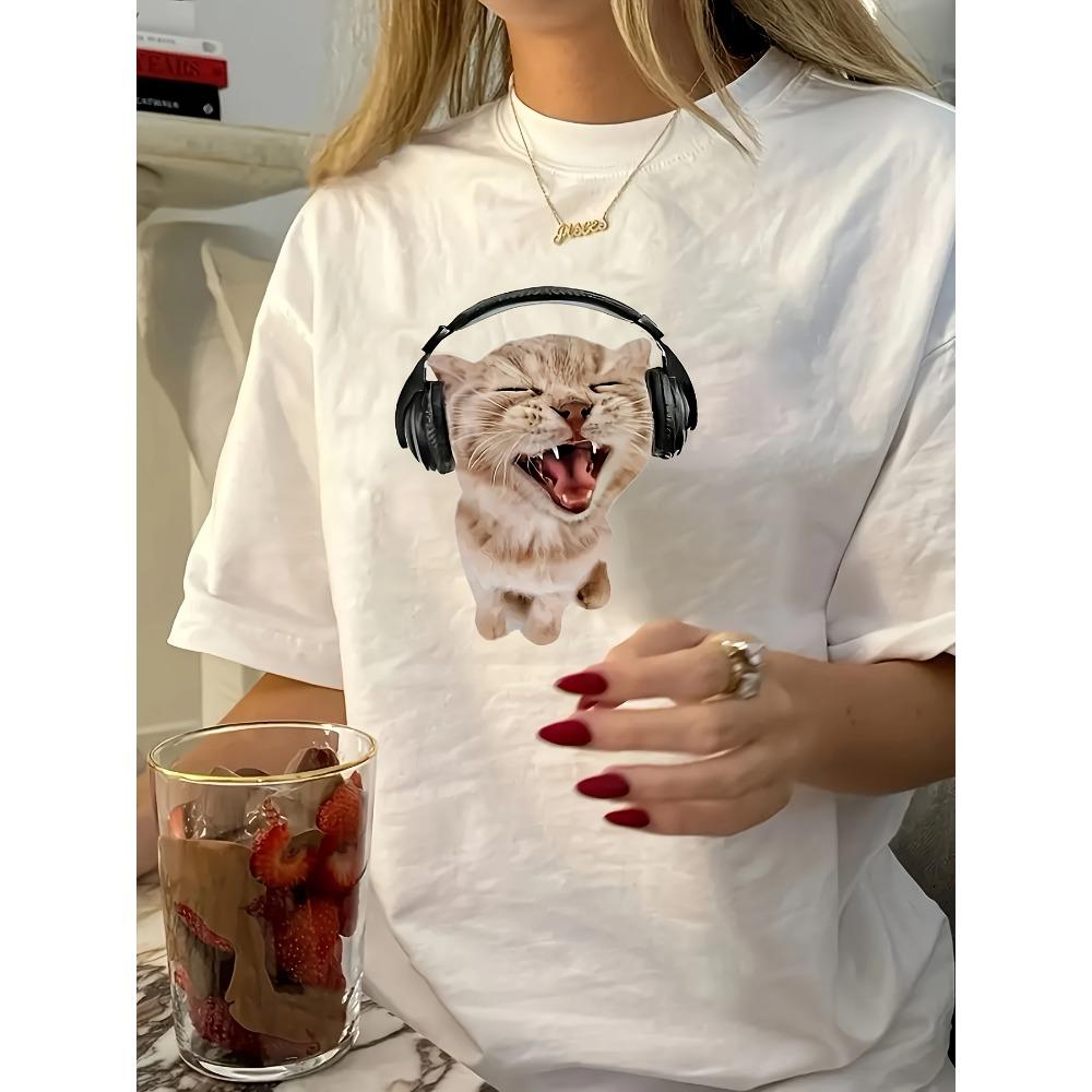 Ladies Pattern Cat Earphones T Summer New Retro Street Unisexs and Womens Casual Fashion Tshirt