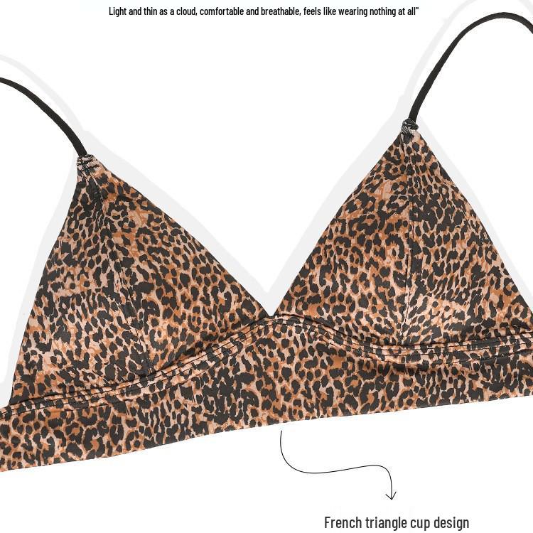 Leopard Print Wire-Free Deep V Lingerie Set - Women's Sexy Triangle Cup Spaghetti Strap Bra