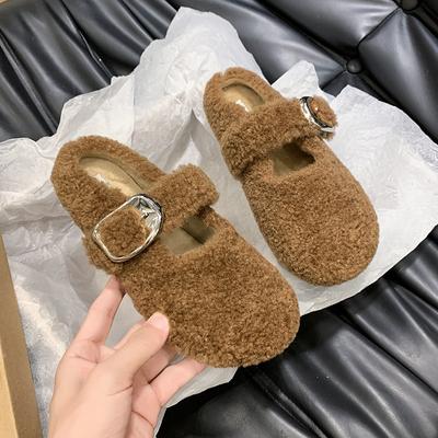 Fashion Women's Winter Fashion Baotou Slippers Round Head Shallow Mouth Suede Soft Sole Non-slip Cotton Drag