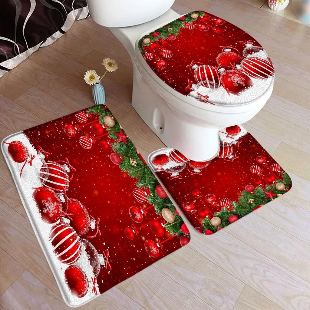 Red Christmas Shower Curtain Set Green Pine Branches Rope Ball Winter New Year Xmas Bathroom Decor Rug Bath Mat Toilet Lid Cover