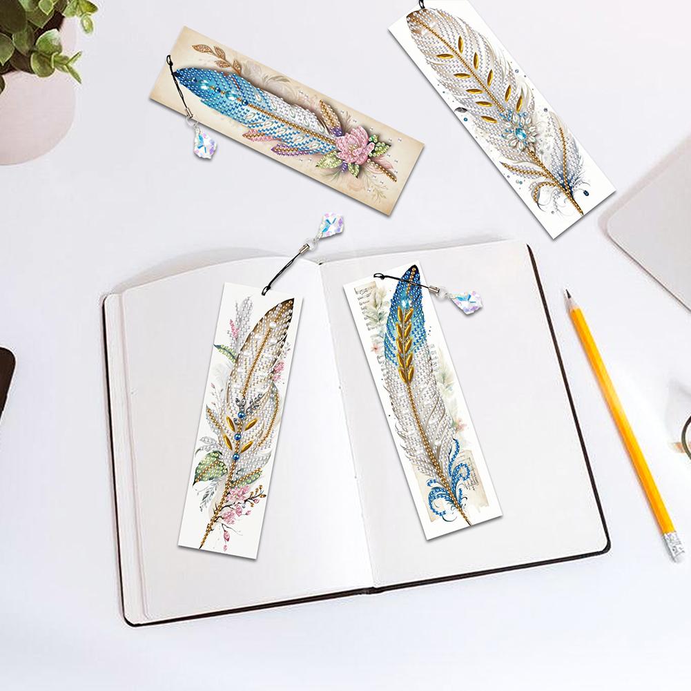 4Pcs Special Shape Beautiful Feathers 5D DIY Diamond Painting Bookmark Diamond Art Bookmark with Pendant for Reading Day Gift