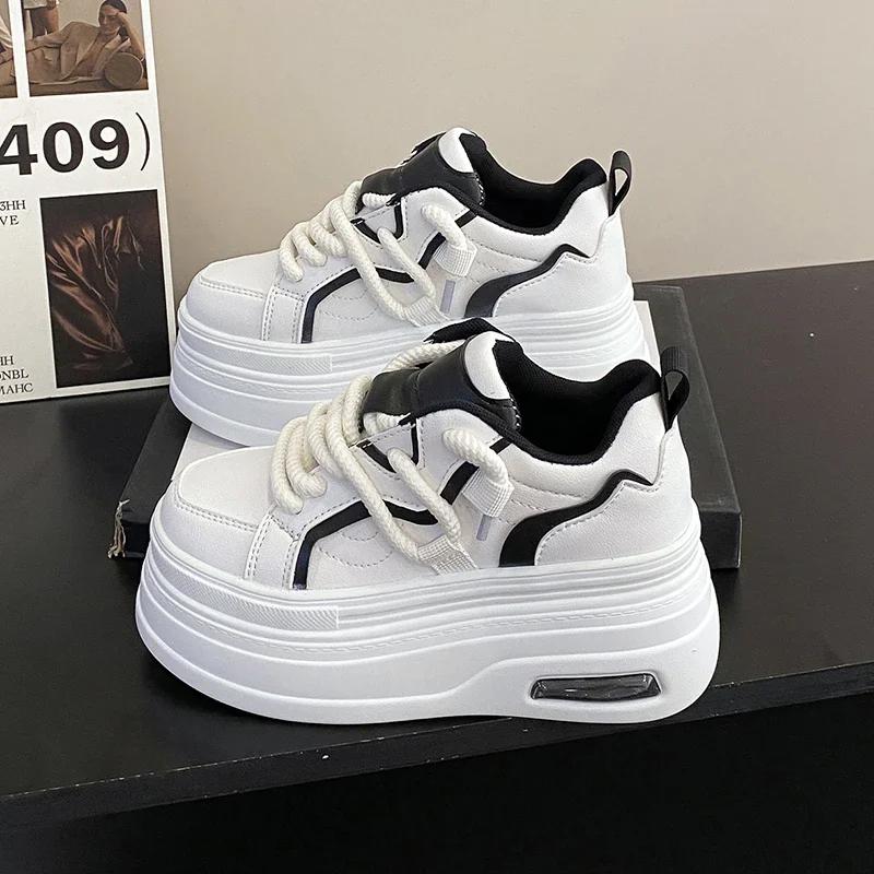 Fashion New Chic Platform Sneakers for Womens Leather Lace-up Comfort 8CM Thick Bottom Sport Shoe Small White Vulcanize Shoes