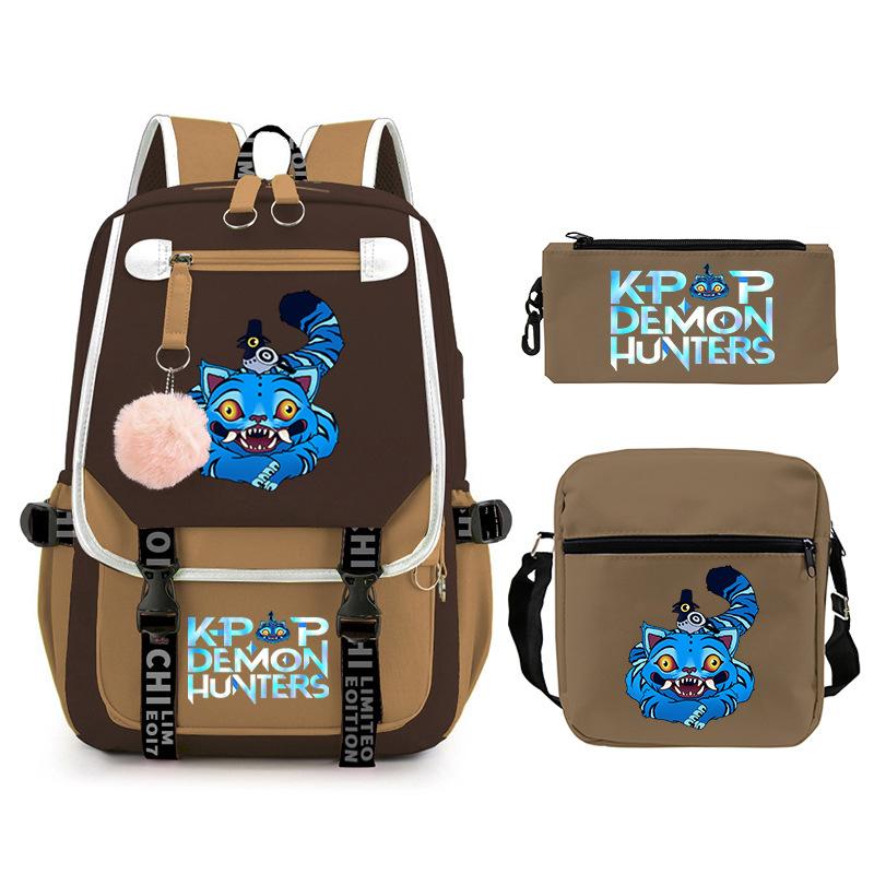 Kpop Trend Backpack Large Capacity Student School Bag Three-Piece Pencil Case Casual Shoulder Bag