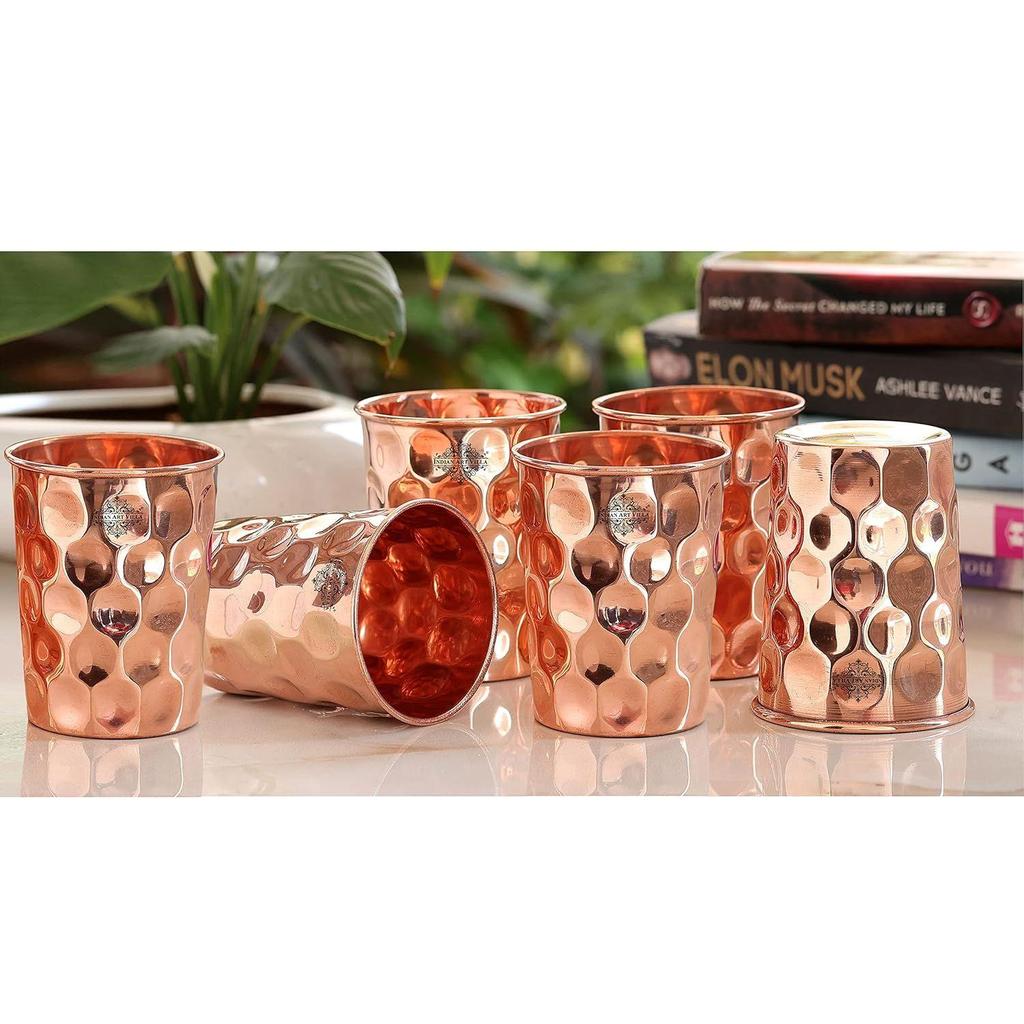 Pure Copper Plain Glass with Diamond Hammered Design, Drinking Serving Water, Yoga Ayurveda, Volume-300 Ml, Pack of 6