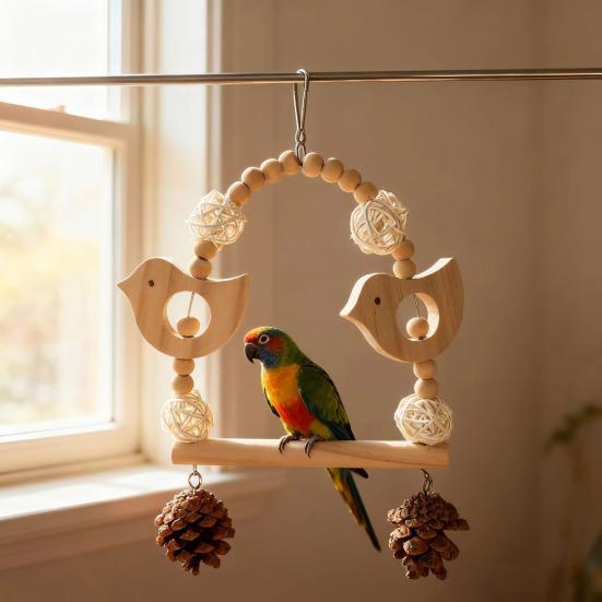 Ahşap Papağan Salıncağı Kuş Salıncağı Tünekli Muhabbet Kuşları Oyun ve Çiğneme Oyuncağı Kuş Kafesi Oyuncağı Konur Kuşları Kakadular İspinozlar Sultan Papağanları İçin