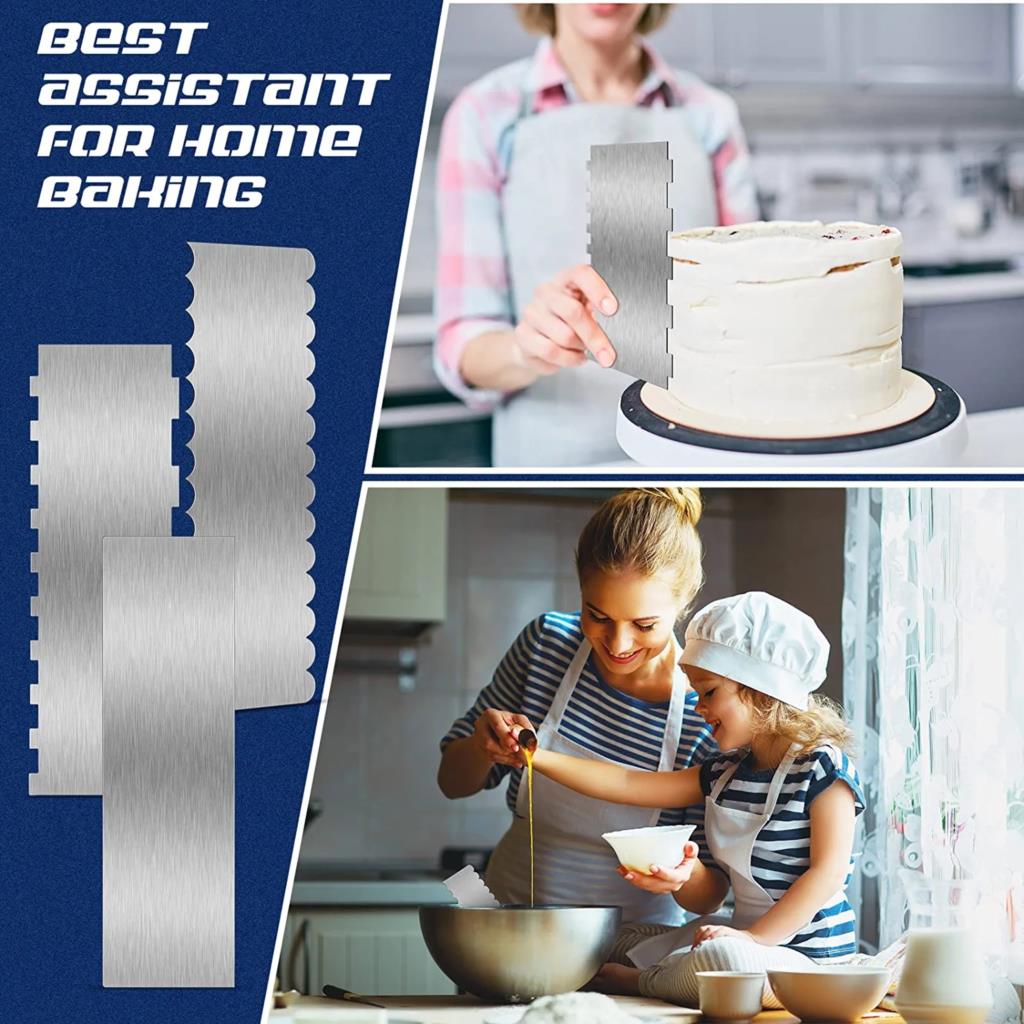 1pcs Stainless Steel Cake Scraper Double Sided Patterned Edge Pastry Comb Smoother Cake Decorating Tools for Mousse Butter Cream