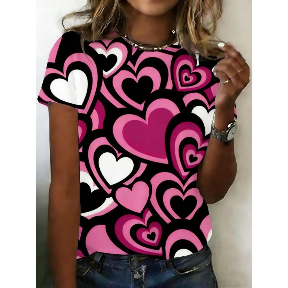 Heart-patterned Strawberry 3D Print Women's Round Neck Short-sleeved T-shirt, Loose Fit Top, Women's Clothing