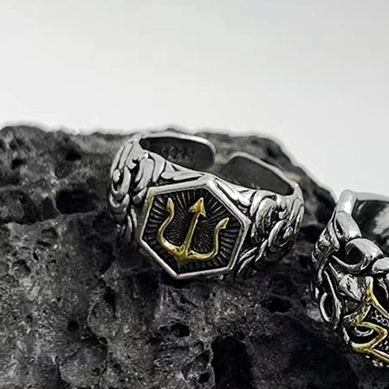 Anello Retro Poseidone Tridente Dorato da Uomo Punk Gotico Rock Hiphop Anello Aperto Gioielli Unisex Fatti a Mano Accessori per Motociclisti Regalo Uomo