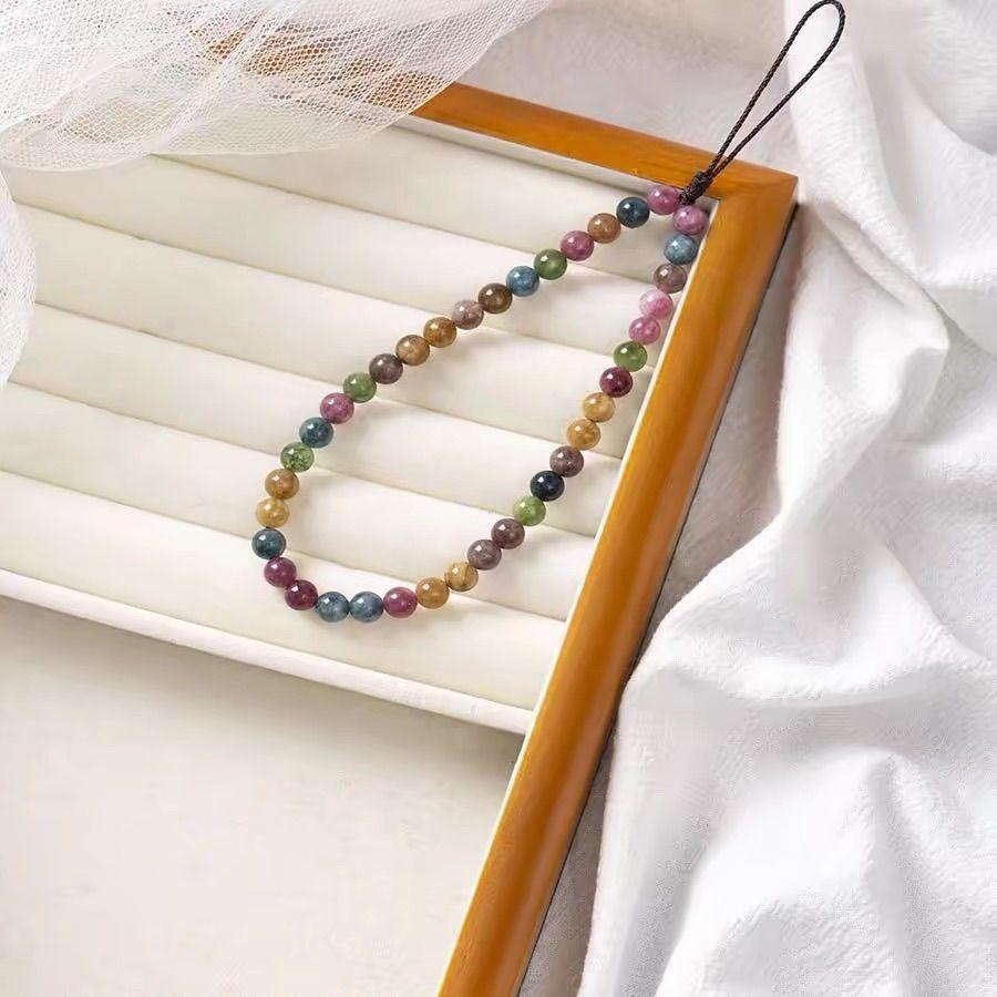 Natural Tourmaline Phone Strap Charm Rope Keychain Pendant Wristlet Ring Accessory for Women and Girls Cute Lanyard