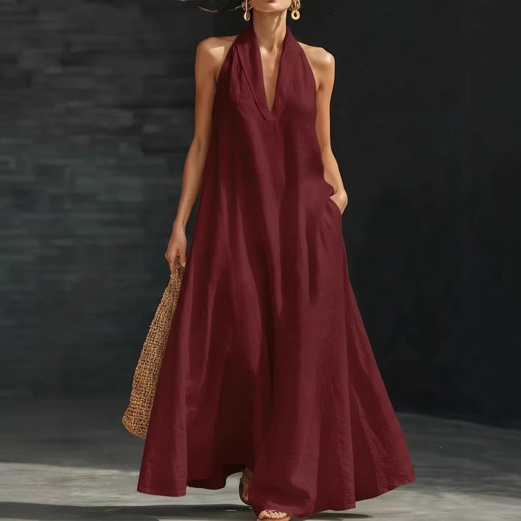 European and American new summer women's casual solid color V-neck dress skirt