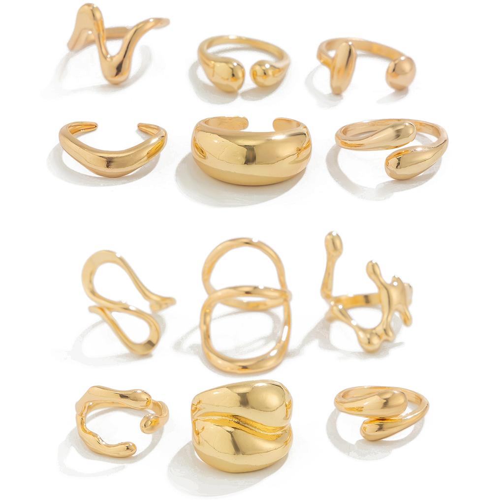 Salircon 6Pcs/set Vintage Irregular Gold Color Open Ring for Women Classic Geometry Smooth Metal Finger Ring Couple Jewelry Gift
