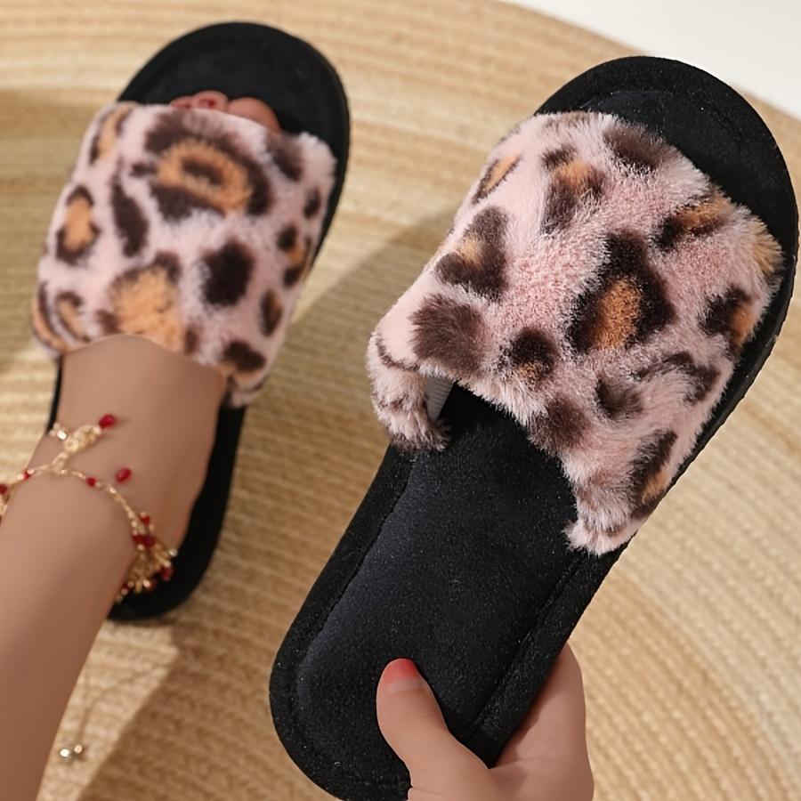 Order A Size Up Women's Luxurious Leopard Print Fuzzy Slippers, Plush Warm Open-Toe Soft Sole Home Floor Slippers